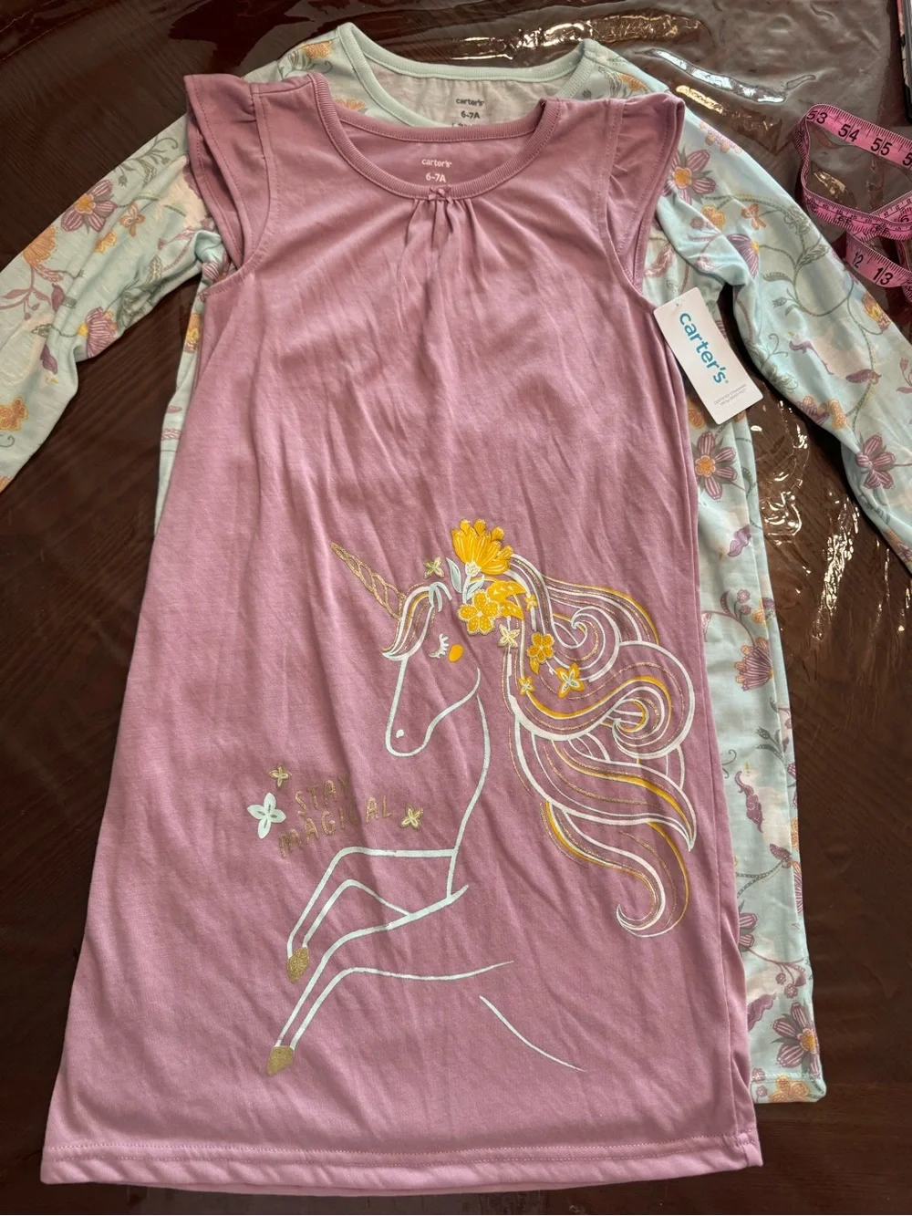 Carter's NWT Girls Unicorn Nightgown Set - Pink & Light Blue Floral Sz 6-7A
